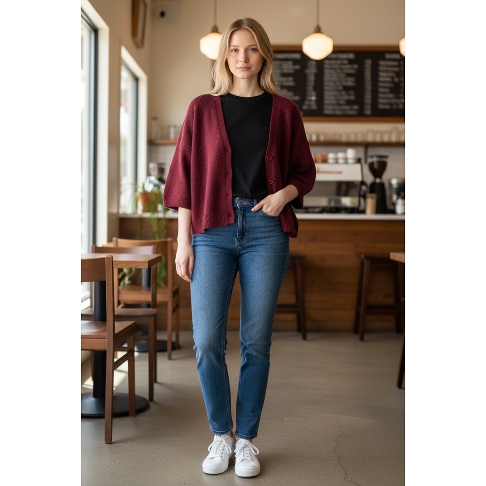 Petal + Pup Burgundy Oversized Button Front Cardigan Wool Blend 3/4 Sleeve Sz M